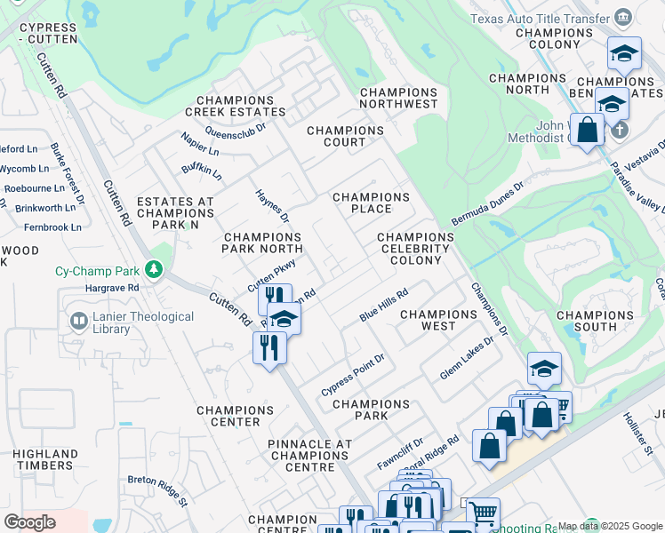 map of restaurants, bars, coffee shops, grocery stores, and more near 6700 Richardson Road in Houston