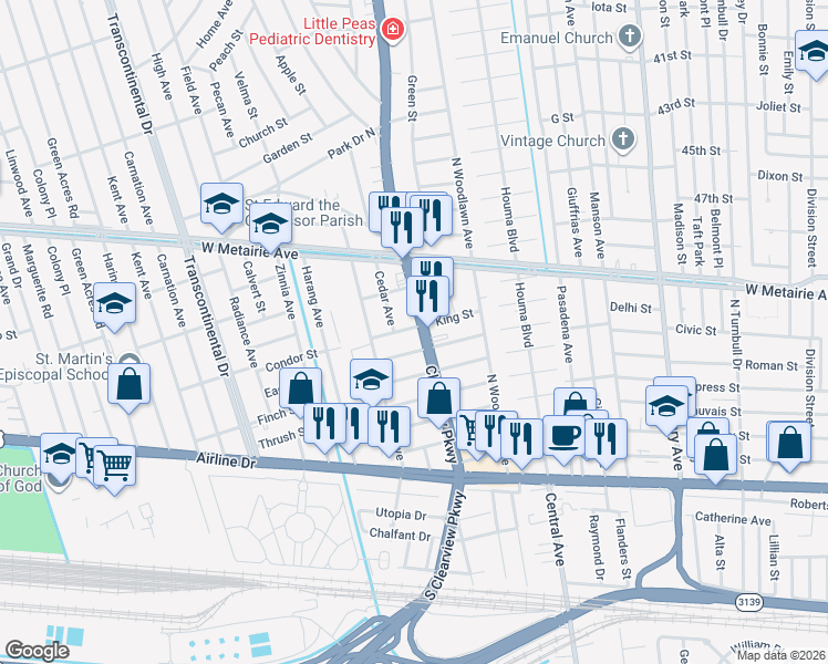map of restaurants, bars, coffee shops, grocery stores, and more near 710 Clearview Parkway in Metairie