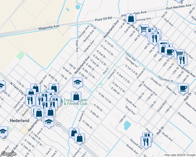 map of restaurants, bars, coffee shops, grocery stores, and more near 411 1/2 South 4th Street in Nederland