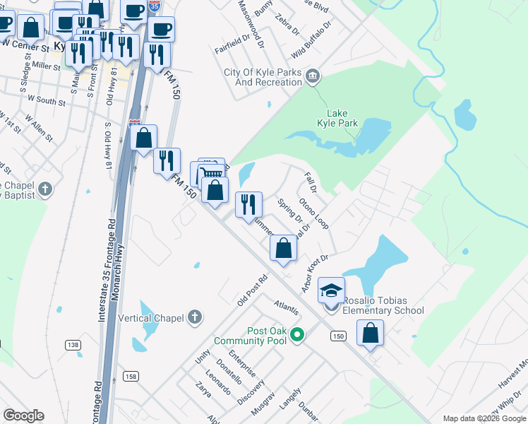 map of restaurants, bars, coffee shops, grocery stores, and more near 370 Primavera Loop in Kyle