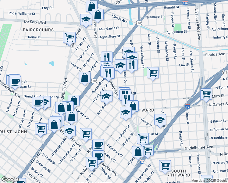 map of restaurants, bars, coffee shops, grocery stores, and more near in New Orleans