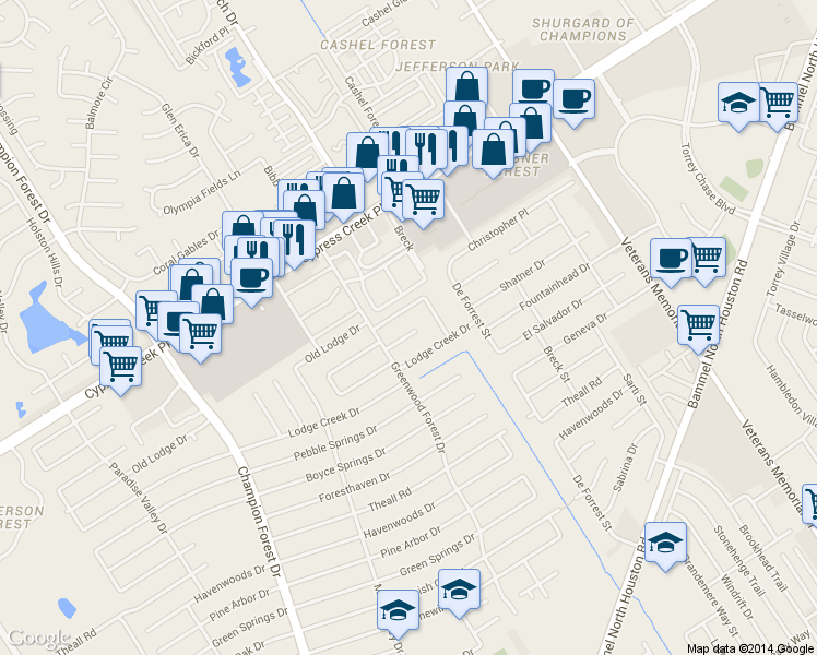 map of restaurants, bars, coffee shops, grocery stores, and more near 5110 Dana Leigh Drive in Houston