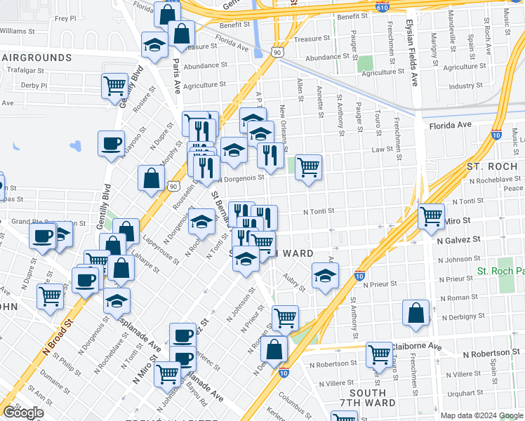 map of restaurants, bars, coffee shops, grocery stores, and more near 2308 A P Tureaud Avenue in New Orleans