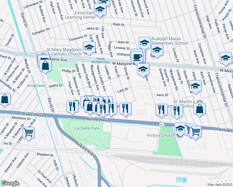 map of restaurants, bars, coffee shops, grocery stores, and more near 517 Linden Street in Metairie