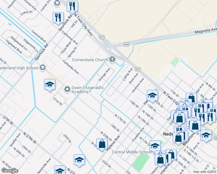 map of restaurants, bars, coffee shops, grocery stores, and more near 1408 Marshall Avenue in Nederland