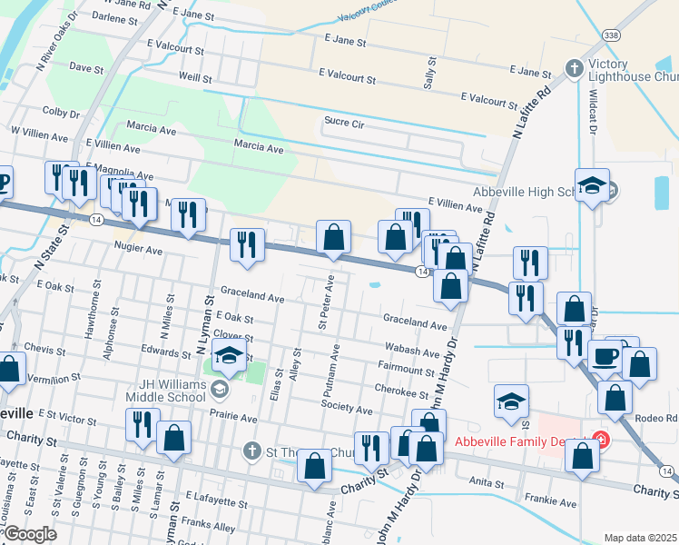 map of restaurants, bars, coffee shops, grocery stores, and more near 1606 Alvin Street in Abbeville