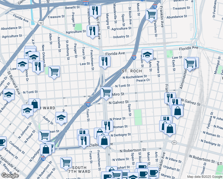 map of restaurants, bars, coffee shops, grocery stores, and more near 2236 Marigny Street in New Orleans