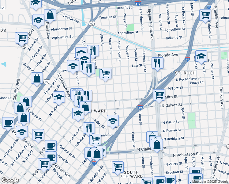 map of restaurants, bars, coffee shops, grocery stores, and more near 2023 North Tonti Street in New Orleans