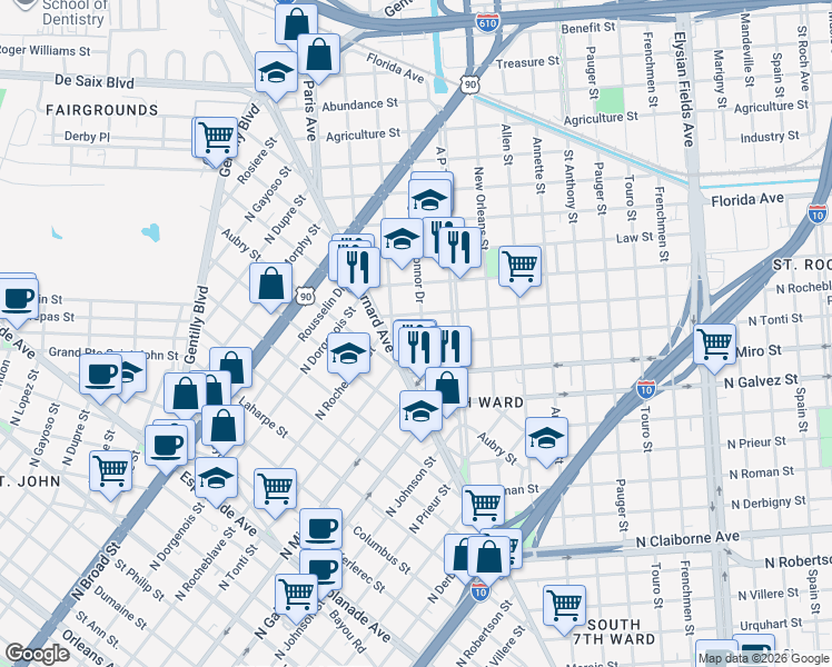 map of restaurants, bars, coffee shops, grocery stores, and more near 2318 George Nick Connor Drive in New Orleans