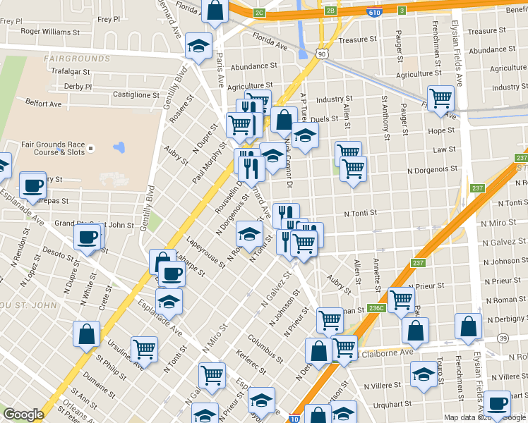 map of restaurants, bars, coffee shops, grocery stores, and more near in New Orleans