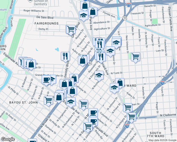map of restaurants, bars, coffee shops, grocery stores, and more near 2540 D'Abadie Street in New Orleans