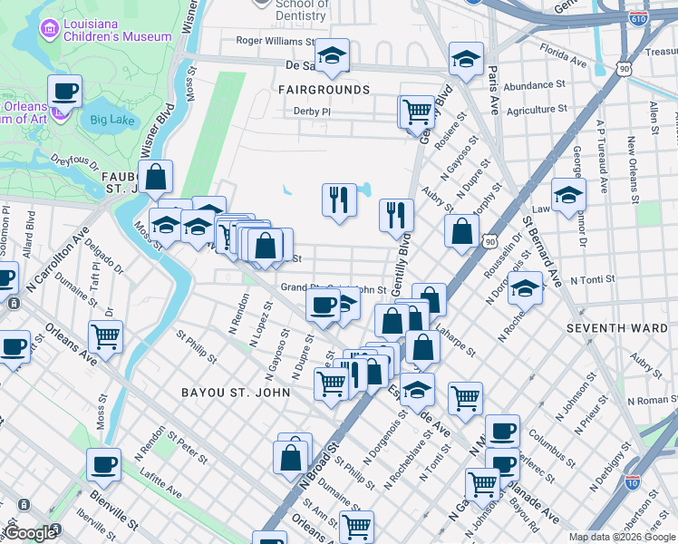 map of restaurants, bars, coffee shops, grocery stores, and more near in New Orleans