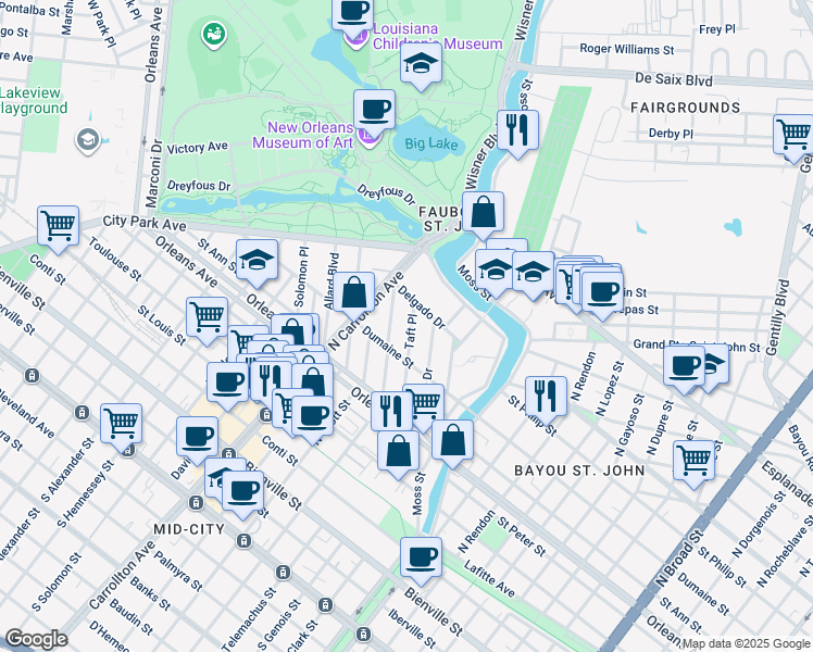map of restaurants, bars, coffee shops, grocery stores, and more near 960 Taft Place in New Orleans