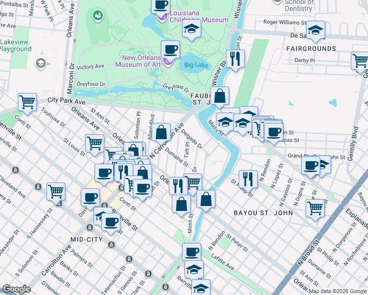 map of restaurants, bars, coffee shops, grocery stores, and more near 960 Taft Place in New Orleans