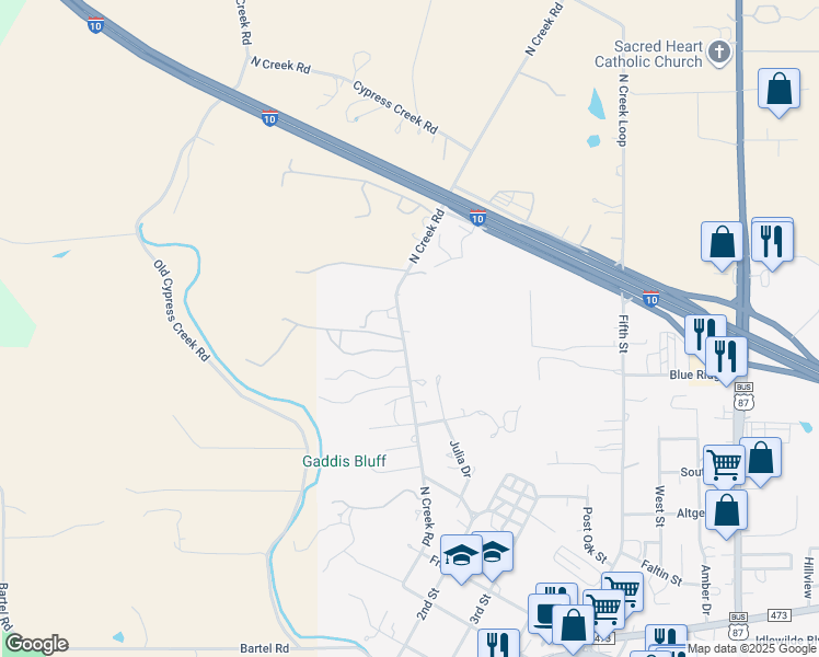 map of restaurants, bars, coffee shops, grocery stores, and more near 852 North Creek Road in Comfort