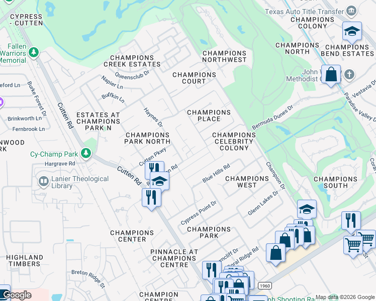 map of restaurants, bars, coffee shops, grocery stores, and more near 6700 Richardson Road in Houston