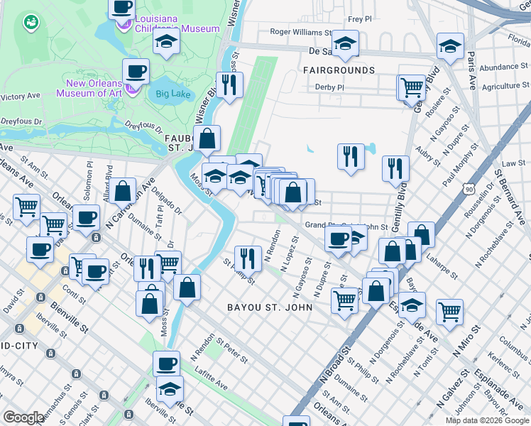 map of restaurants, bars, coffee shops, grocery stores, and more near in New Orleans