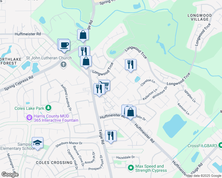 map of restaurants, bars, coffee shops, grocery stores, and more near 13914 Oakdale Glen Trace in Cypress