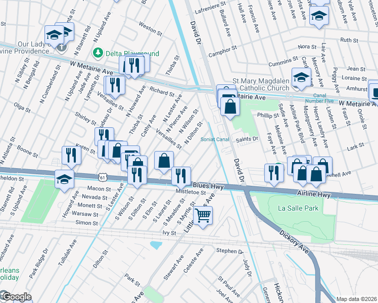 map of restaurants, bars, coffee shops, grocery stores, and more near 509 North Dilton Street in Metairie
