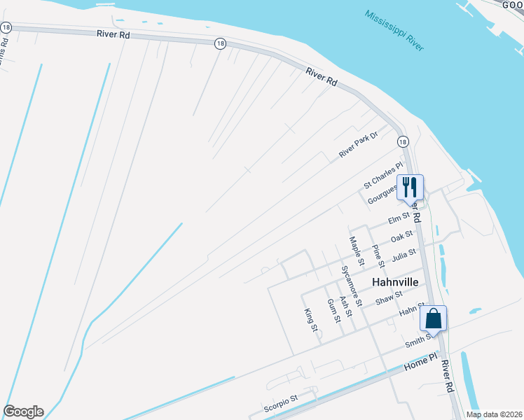 map of restaurants, bars, coffee shops, grocery stores, and more near 60 River Park Drive in Hahnville