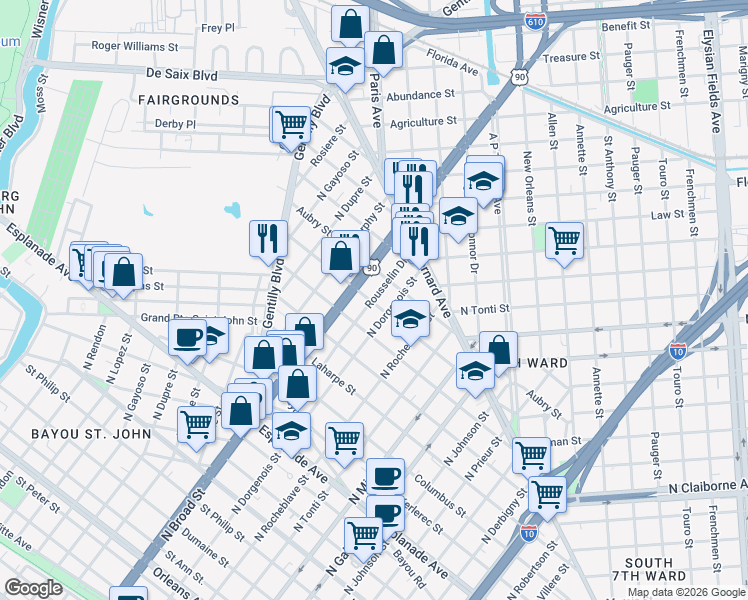 map of restaurants, bars, coffee shops, grocery stores, and more near 2540 D'Abadie Street in New Orleans