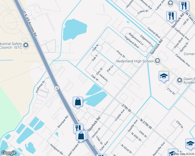 map of restaurants, bars, coffee shops, grocery stores, and more near 2812 Oak West in Nederland