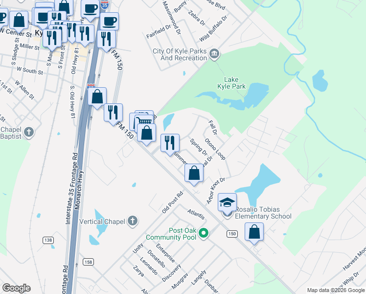 map of restaurants, bars, coffee shops, grocery stores, and more near 394 Primavera Loop in Kyle