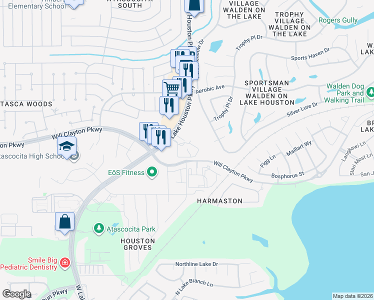 map of restaurants, bars, coffee shops, grocery stores, and more near 17990 West Lake Houston Parkway in Atascocita