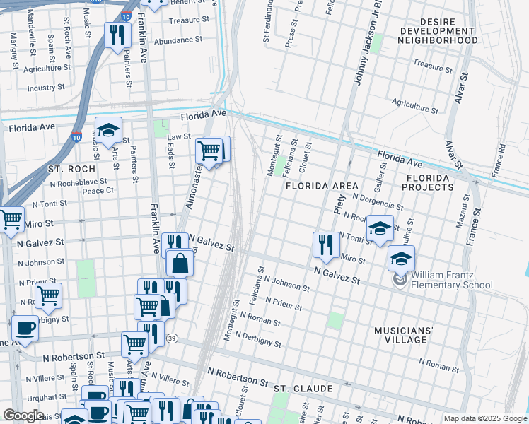 map of restaurants, bars, coffee shops, grocery stores, and more near 2301 Montegut Street in New Orleans