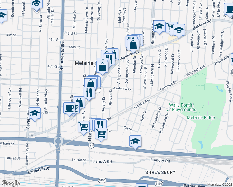 map of restaurants, bars, coffee shops, grocery stores, and more near 416 Arlington Drive in Metairie