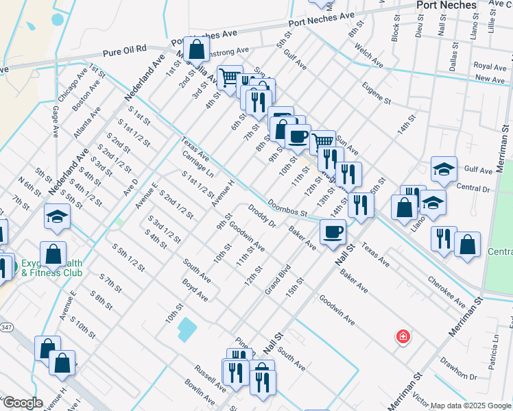 map of restaurants, bars, coffee shops, grocery stores, and more near 1402 Droddy Dr in Port Neches