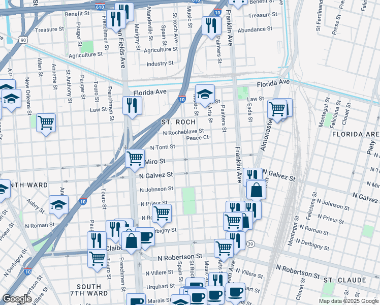 map of restaurants, bars, coffee shops, grocery stores, and more near 2219 Saint Roch Avenue in New Orleans