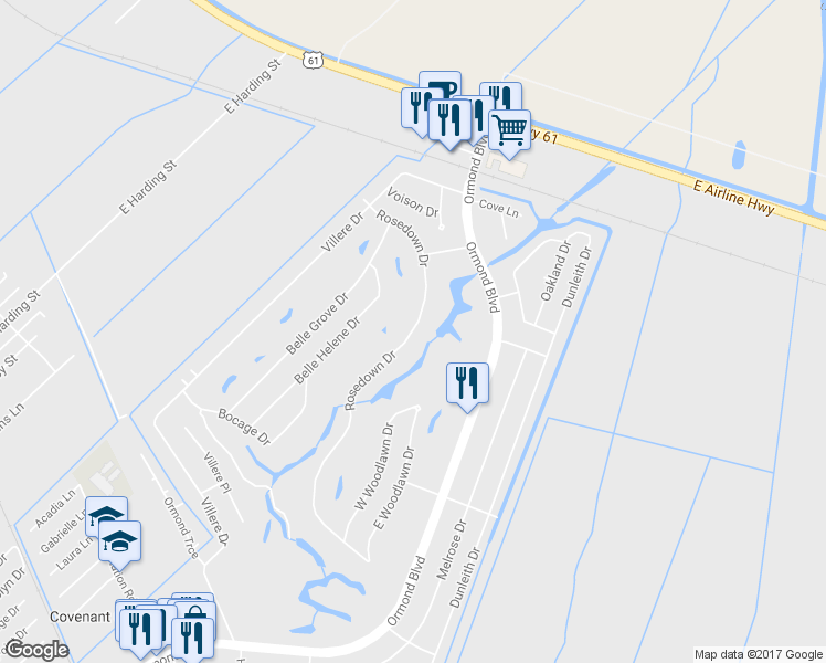 map of restaurants, bars, coffee shops, grocery stores, and more near 60 Rosedown Drive in Destrehan