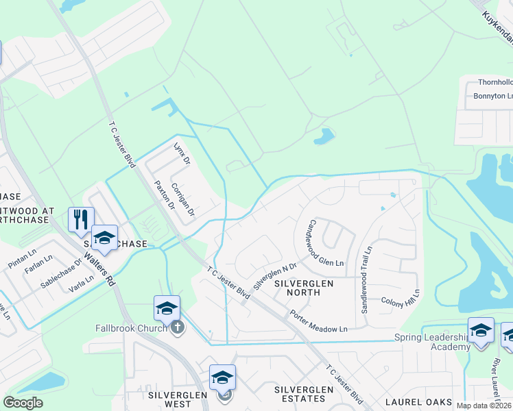 map of restaurants, bars, coffee shops, grocery stores, and more near 3206 Silverchase Meadows Drive in Houston