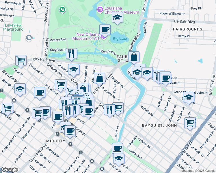 map of restaurants, bars, coffee shops, grocery stores, and more near 931 Picheloup Place in New Orleans