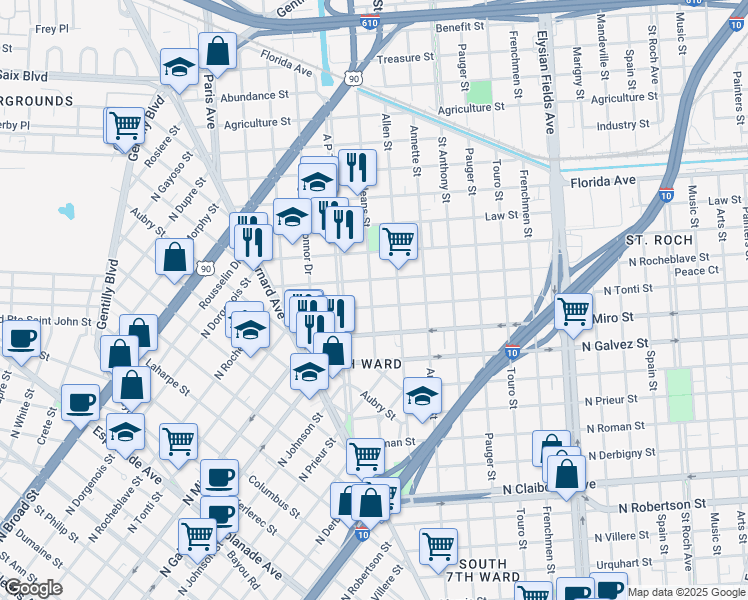 map of restaurants, bars, coffee shops, grocery stores, and more near 2309 New Orleans Street in New Orleans