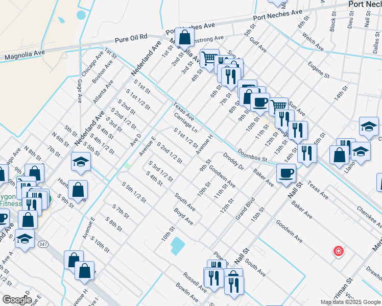 map of restaurants, bars, coffee shops, grocery stores, and more near 811 S 2nd St in Nederland