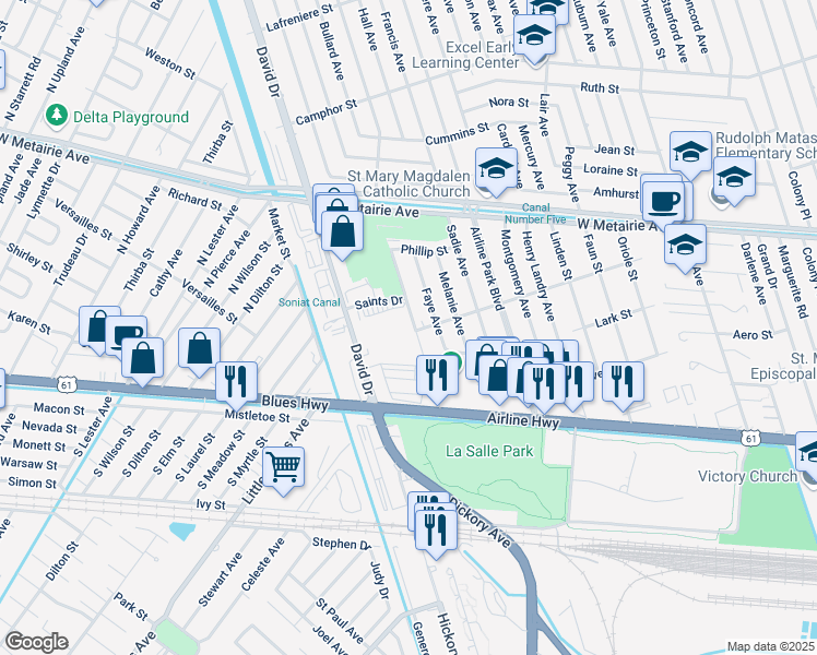 map of restaurants, bars, coffee shops, grocery stores, and more near 6900 Saints Drive in Metairie