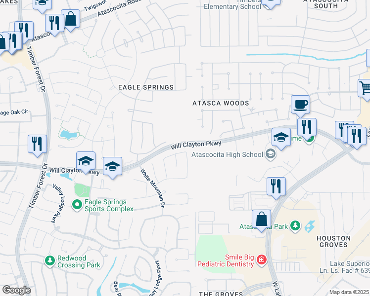 map of restaurants, bars, coffee shops, grocery stores, and more near 12851 Whistling Springs Drive in Humble