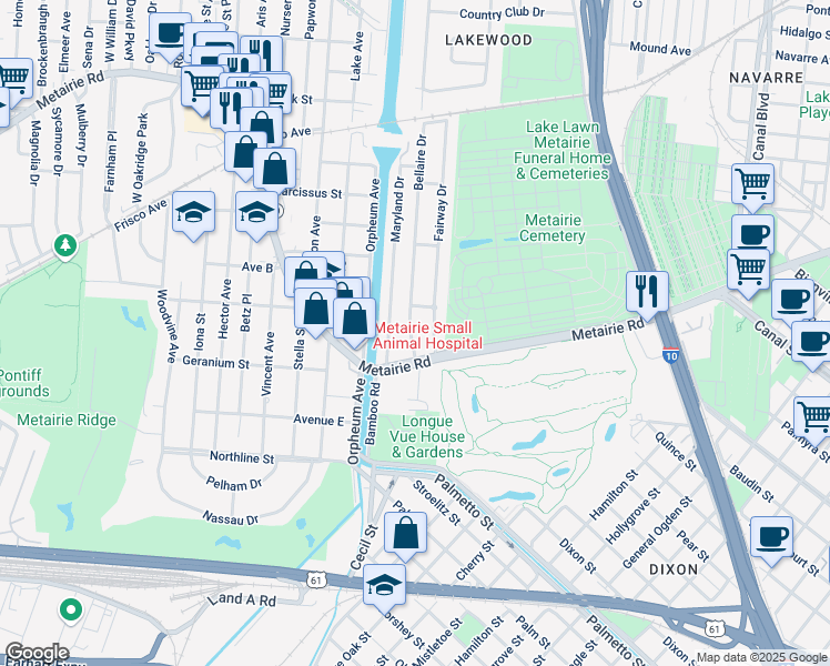 map of restaurants, bars, coffee shops, grocery stores, and more near 115 Bellaire Drive in New Orleans