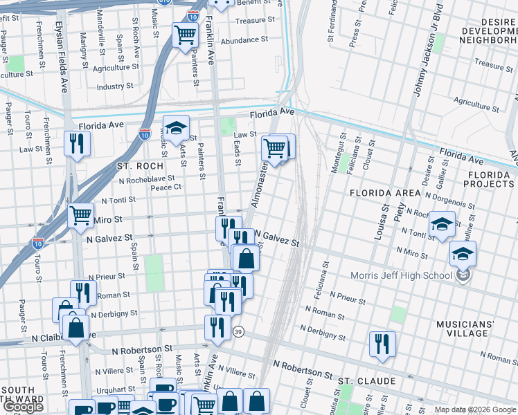map of restaurants, bars, coffee shops, grocery stores, and more near 2213 Almonaster Avenue in New Orleans