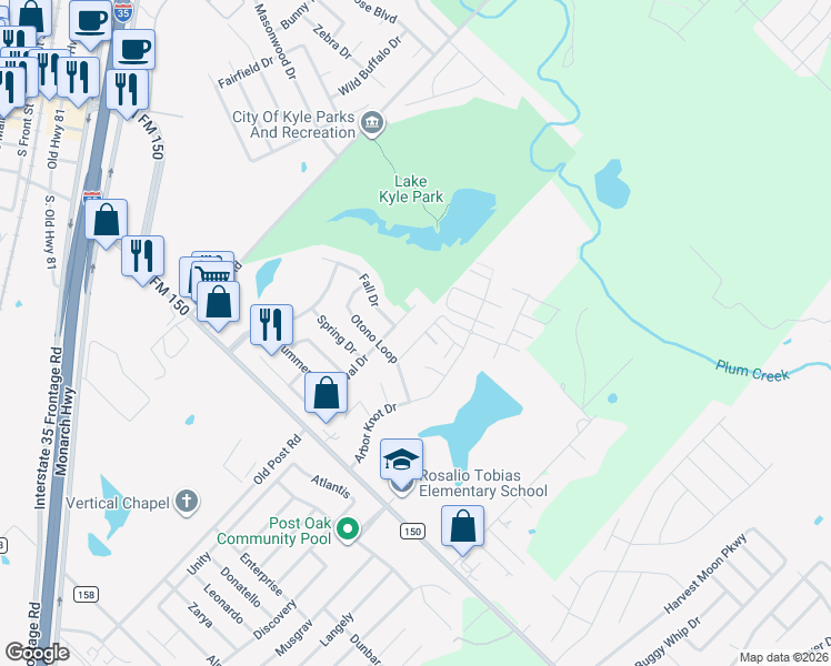 map of restaurants, bars, coffee shops, grocery stores, and more near 109 Dropper in Kyle