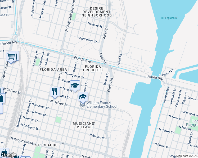 map of restaurants, bars, coffee shops, grocery stores, and more near 2500 Bartholomew Street in New Orleans
