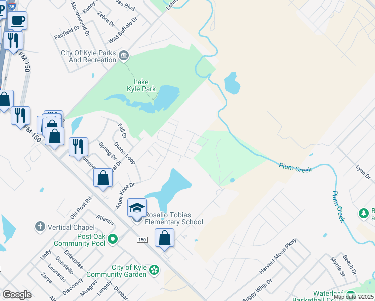 map of restaurants, bars, coffee shops, grocery stores, and more near 540 Ferrule Drive in Kyle