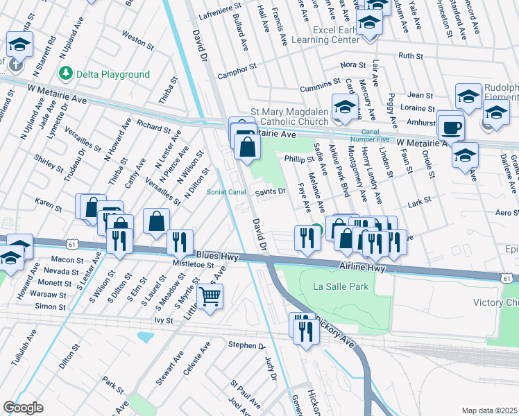 map of restaurants, bars, coffee shops, grocery stores, and more near 319 David Drive in Metairie