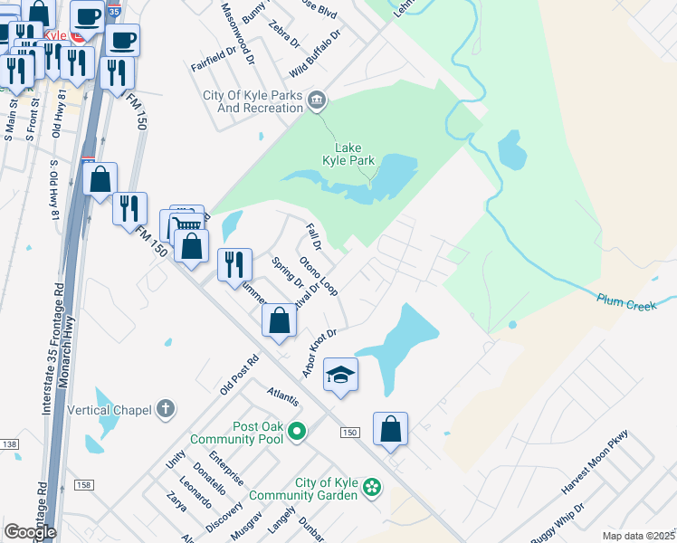 map of restaurants, bars, coffee shops, grocery stores, and more near 1300 Estival Drive in Kyle