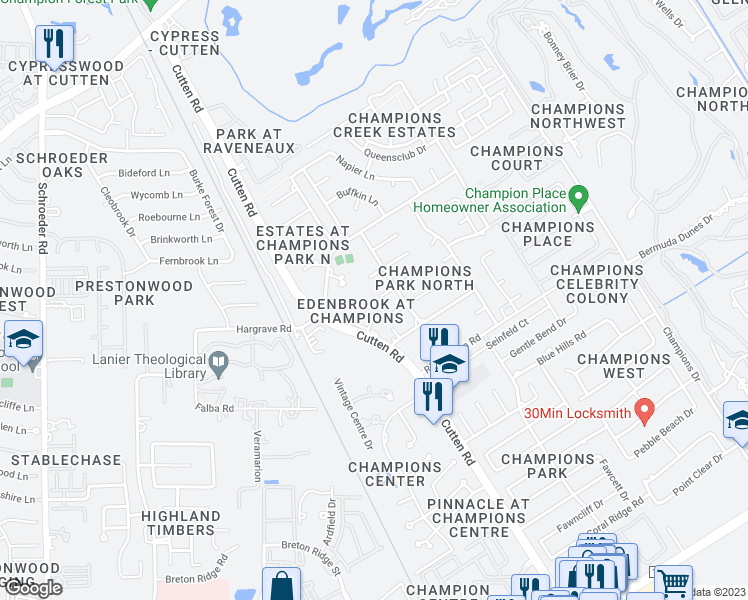 map of restaurants, bars, coffee shops, grocery stores, and more near 7019 Amber Court in Houston