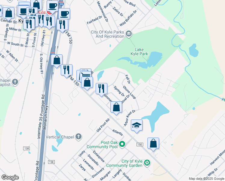 map of restaurants, bars, coffee shops, grocery stores, and more near 370 Primavera Loop in Kyle
