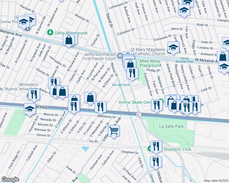map of restaurants, bars, coffee shops, grocery stores, and more near 400 North Laurel Street in Metairie