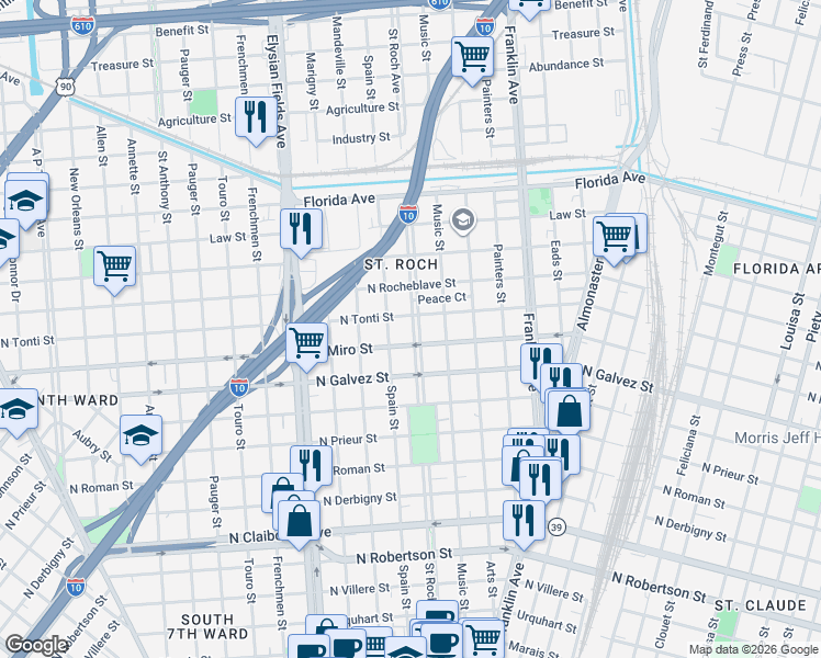 map of restaurants, bars, coffee shops, grocery stores, and more near 2227 Spain Street in New Orleans